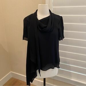 Olivia Palermo Blouse Black Silk Flutter Short Sleeves Asymmetric Hem Small
